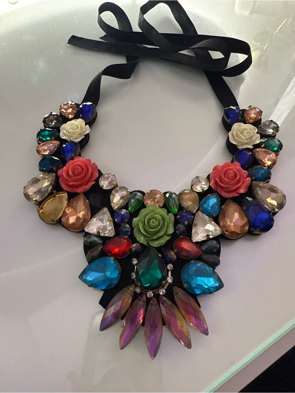 Multicolored Floral Statement Necklace with Ribbon Tie